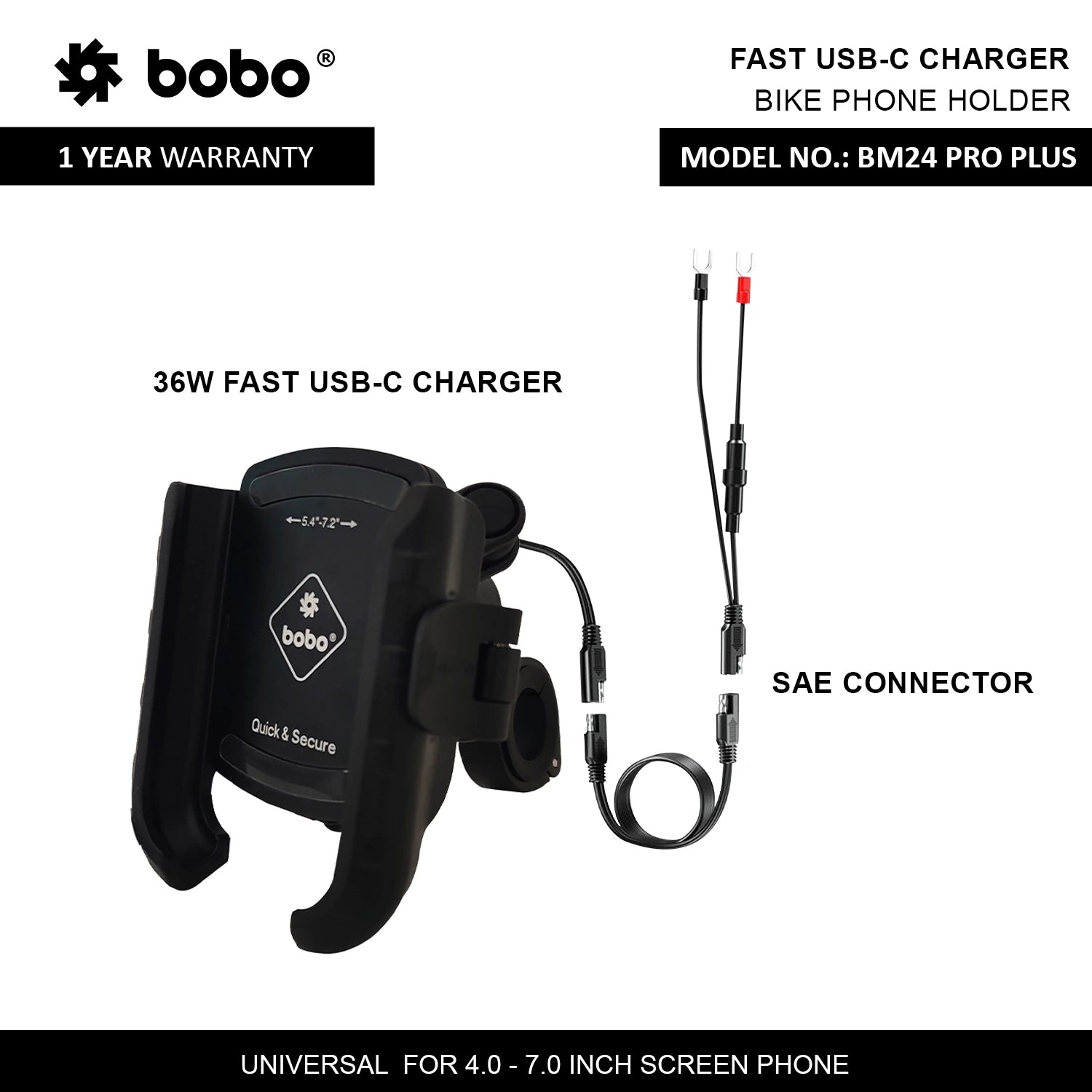 BOBO BM24 PRO PLUS motorcycle phone holder quick release with vibration damper 36W USB C charger bike mobile mount