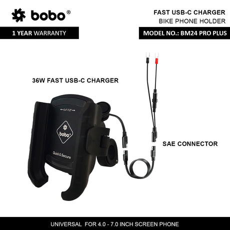 BOBO BM24 PRO PLUS motorcycle phone holder quick release with vibration damper 36W USB C charger bike mobile mount