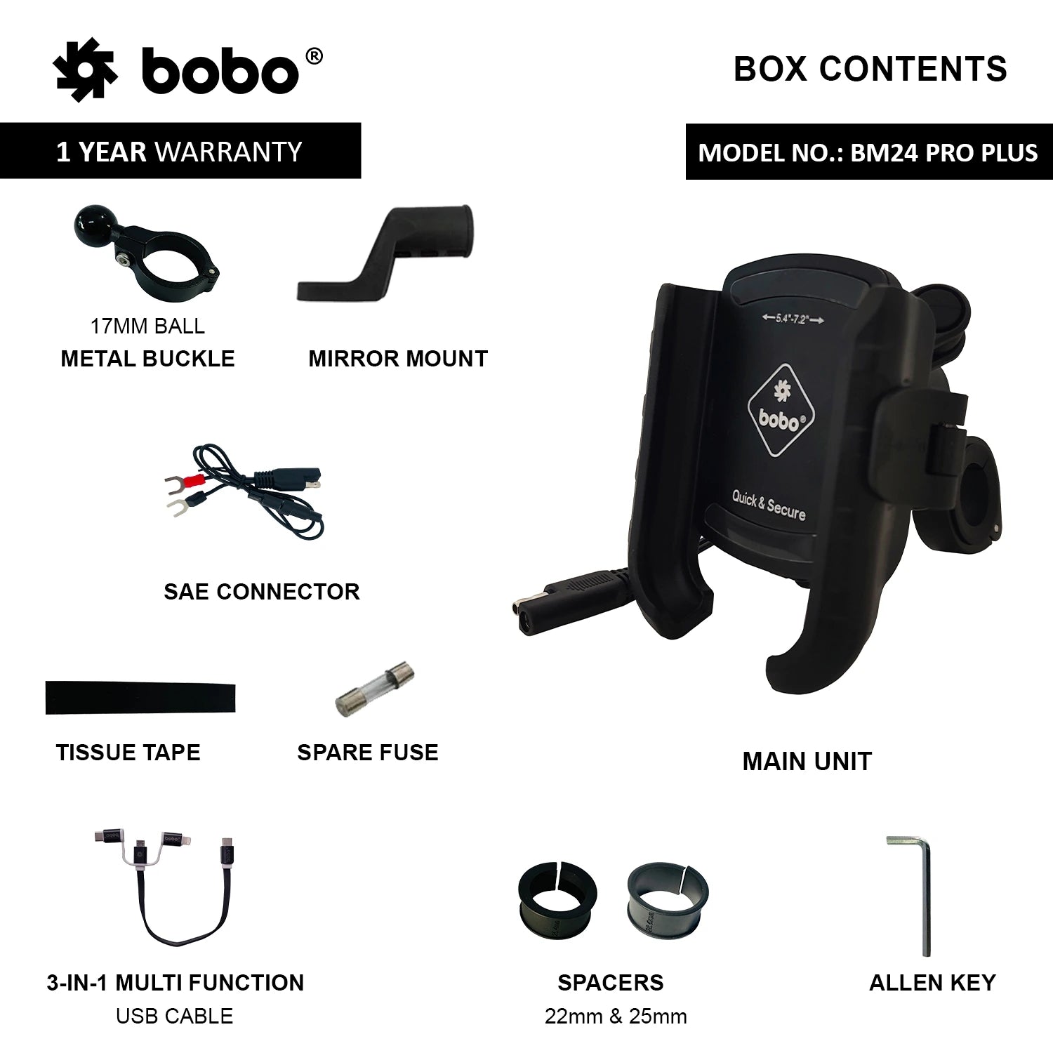 BOBO BM24 PRO PLUS motorcycle phone holder quick release with vibration damper 36W USB C charger bike mobile mount