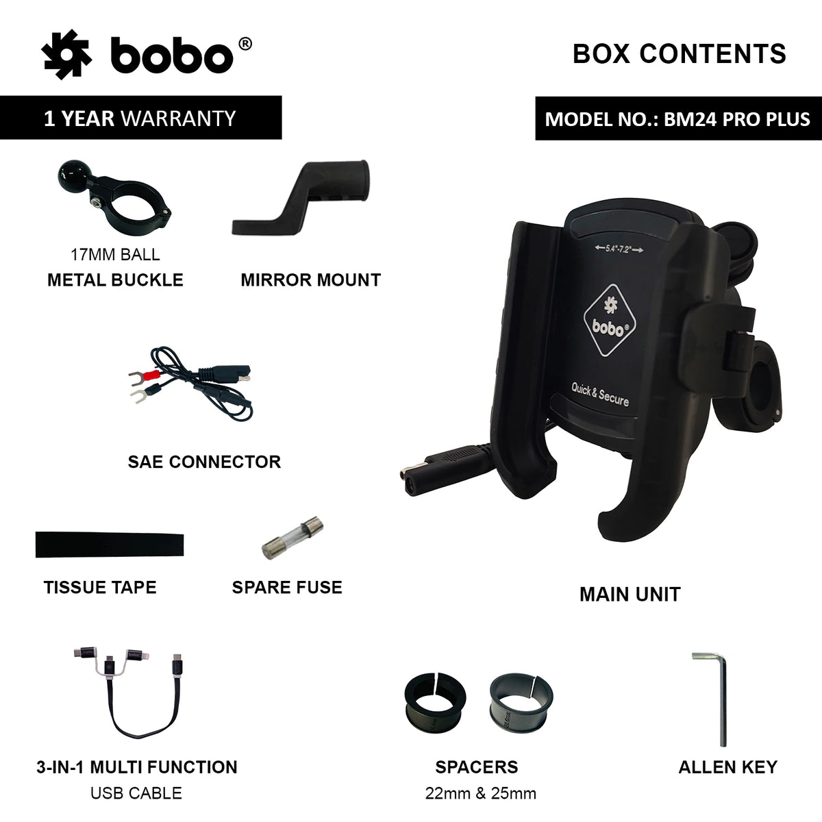BOBO BM24 PRO PLUS motorcycle phone holder quick release with vibration damper 36W USB C charger bike mobile mount
