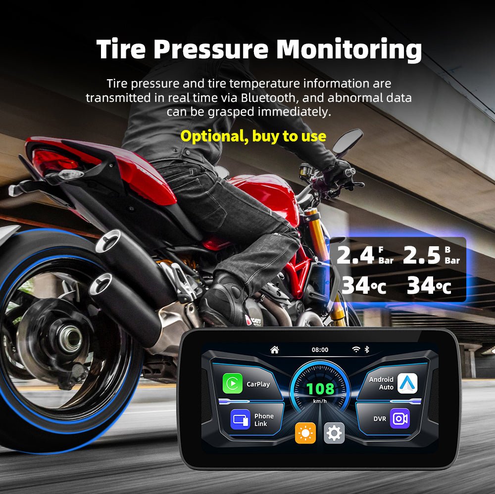 Sash Gears S7 Smart Riding Display with 6.25 inch touchscreen, wireless Apple CarPlay, Android Auto, dual 1080P cameras, GPS speed display and TPMS
