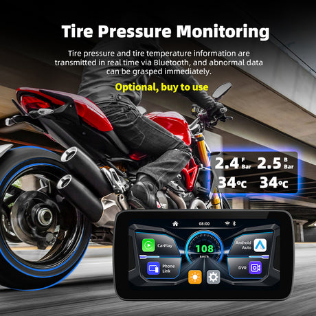 Sash Gears S7 Smart Riding Display with 6.25 inch touchscreen, wireless Apple CarPlay, Android Auto, dual 1080P cameras, GPS speed display and TPMS
