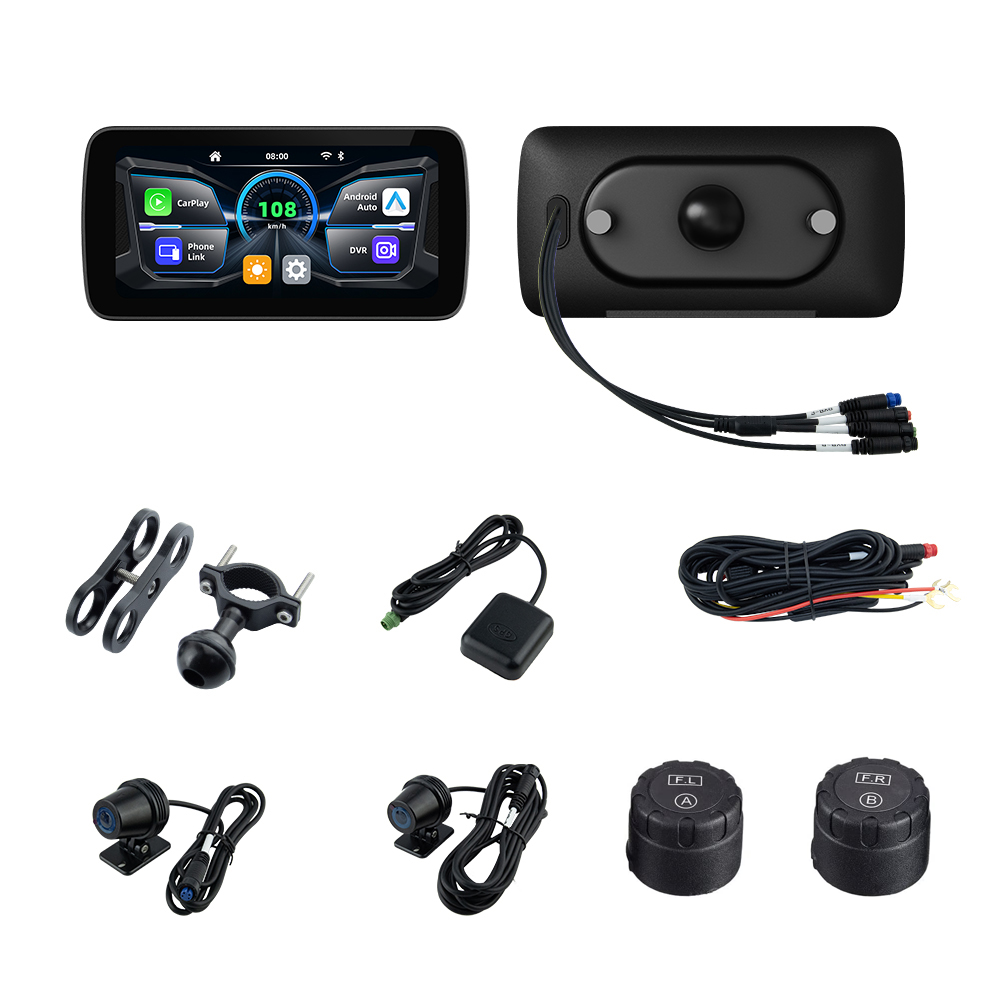 Sash Gears S7 Smart Riding Display with 6.25 inch touchscreen, wireless Apple CarPlay, Android Auto, dual 1080P cameras, GPS speed display and TPMS