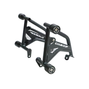 MotoCare 4 Slider Crash Guard installed on Honda CB300F showing dual-side engine protection and four-point impact slider system