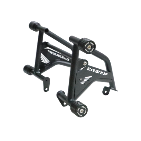 MotoCare 4 Slider Crash Guard installed on Honda CB300F showing dual-side engine protection and four-point impact slider system