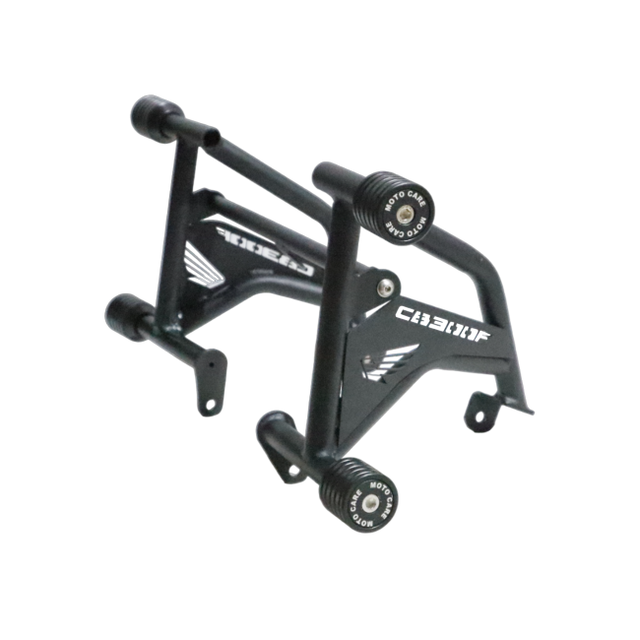 MotoCare 4 Slider Crash Guard installed on Honda CB300F showing dual-side engine protection and four-point impact slider system
