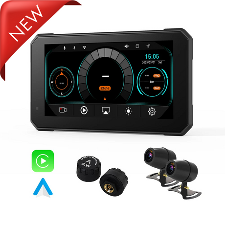 LBC Moto M3 Elite 6.25 inch motorcycle navigation system with Apple CarPlay Android Auto dual camera DVR TPMS GPS magnetic mount waterproof