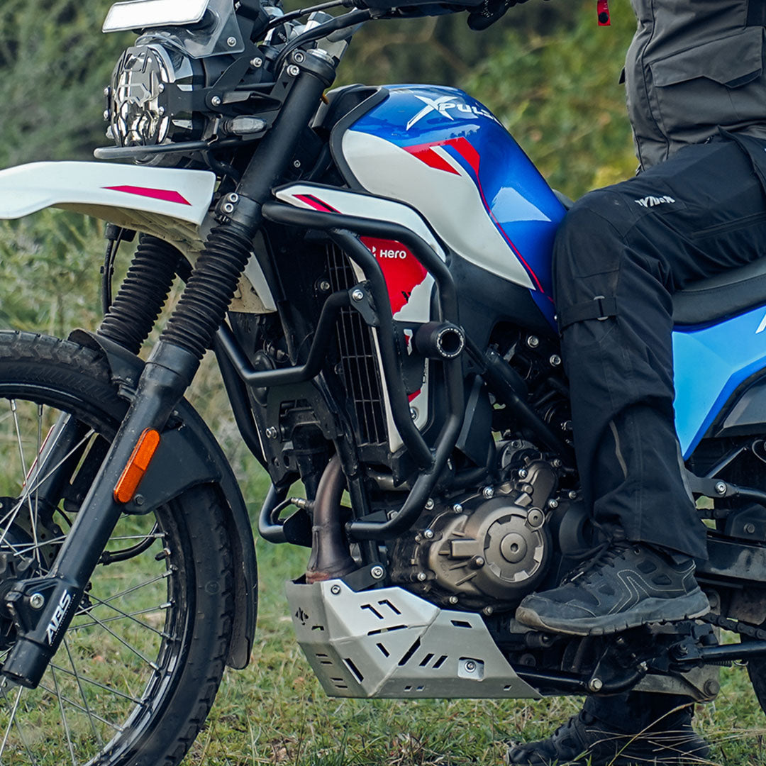 Legundary Custom Xplorer Crash Guard installed on Hero Xpulse 210 in black red and white color variants