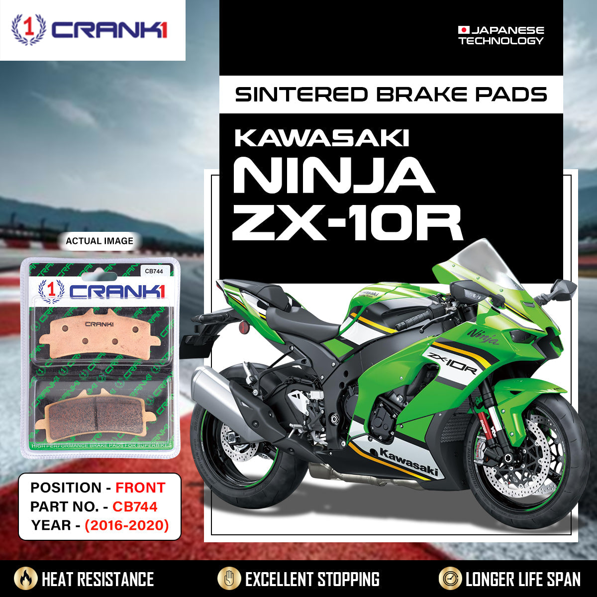 CRANK1 CB744 Front Sintered Brake Pads for Kawasaki Ninja ZX-10R (2016-2020) - 2 Sets