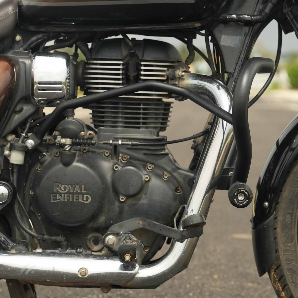 Moto Torque heavy duty crash guard with X-Protect sliders for Royal Enfield Meteor 350 engine protection accessory