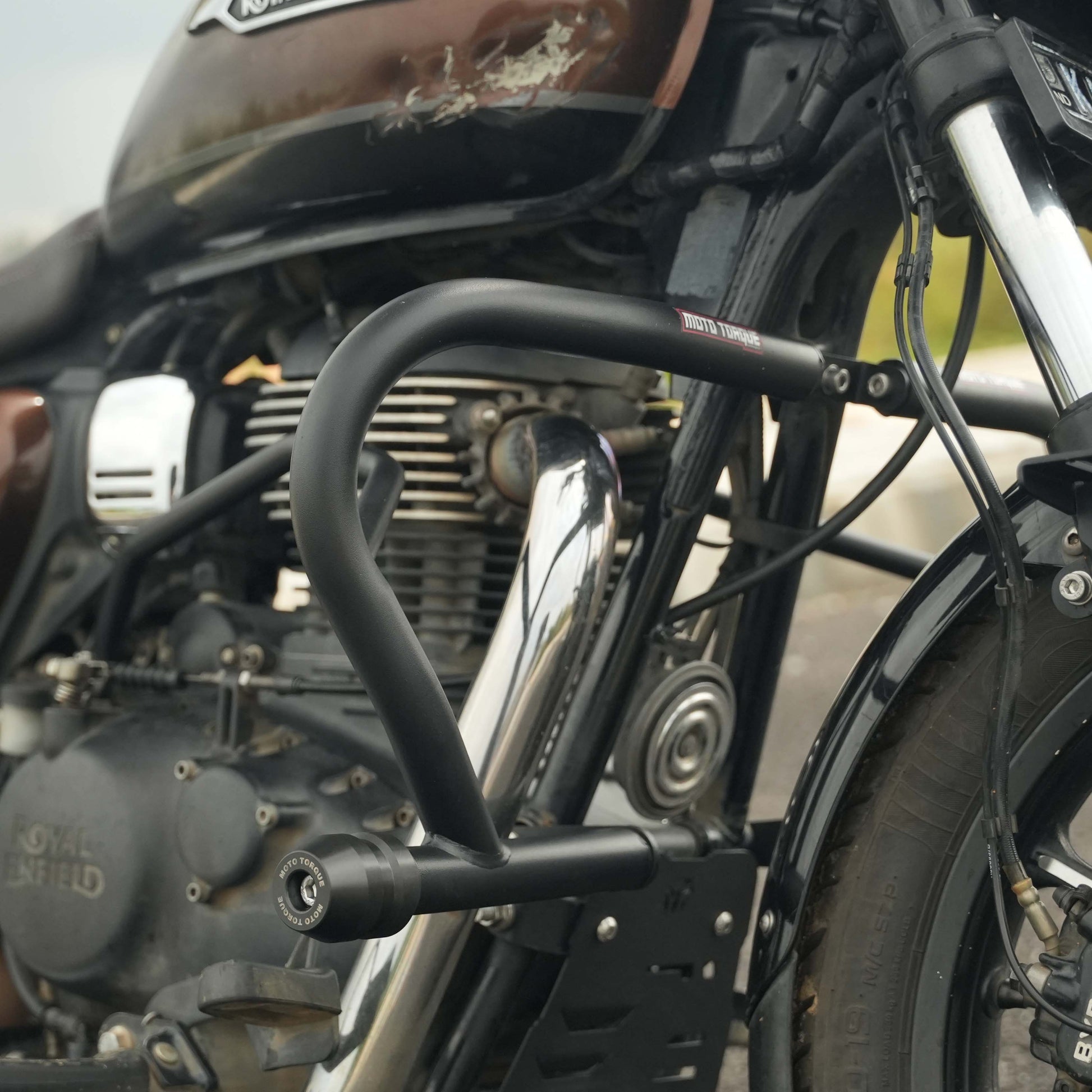 Moto Torque heavy duty crash guard with X-Protect sliders for Royal Enfield Meteor 350 engine protection accessory