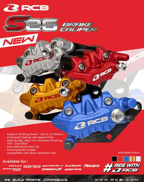 RCB S-26 Series front motorcycle brake caliper 01BC096 in Silver and Black, aluminium construction for compatible Yamaha Aerox and R15 applications.