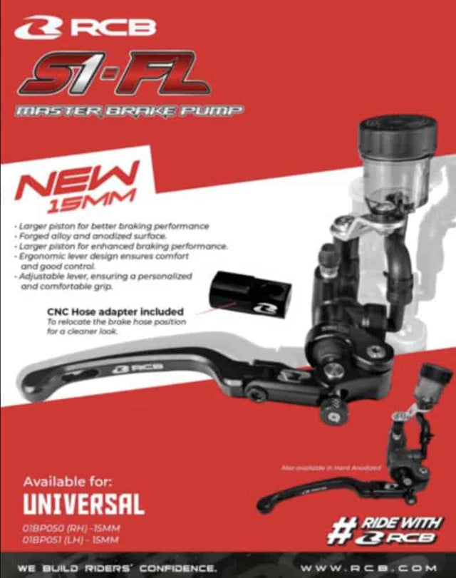 RCB S1-FL 15mm black forged master pump with adjustable lever, LH 01BP051B or RH 01BP050B