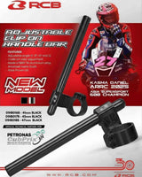 RCB black lifted adjustable clip-on motorcycle handlebar set with CNC aluminium construction and M8 bolt mounting, available in 41mm 01HB016B, 45mm 01HB017B and 47mm 01HB018B sizes.