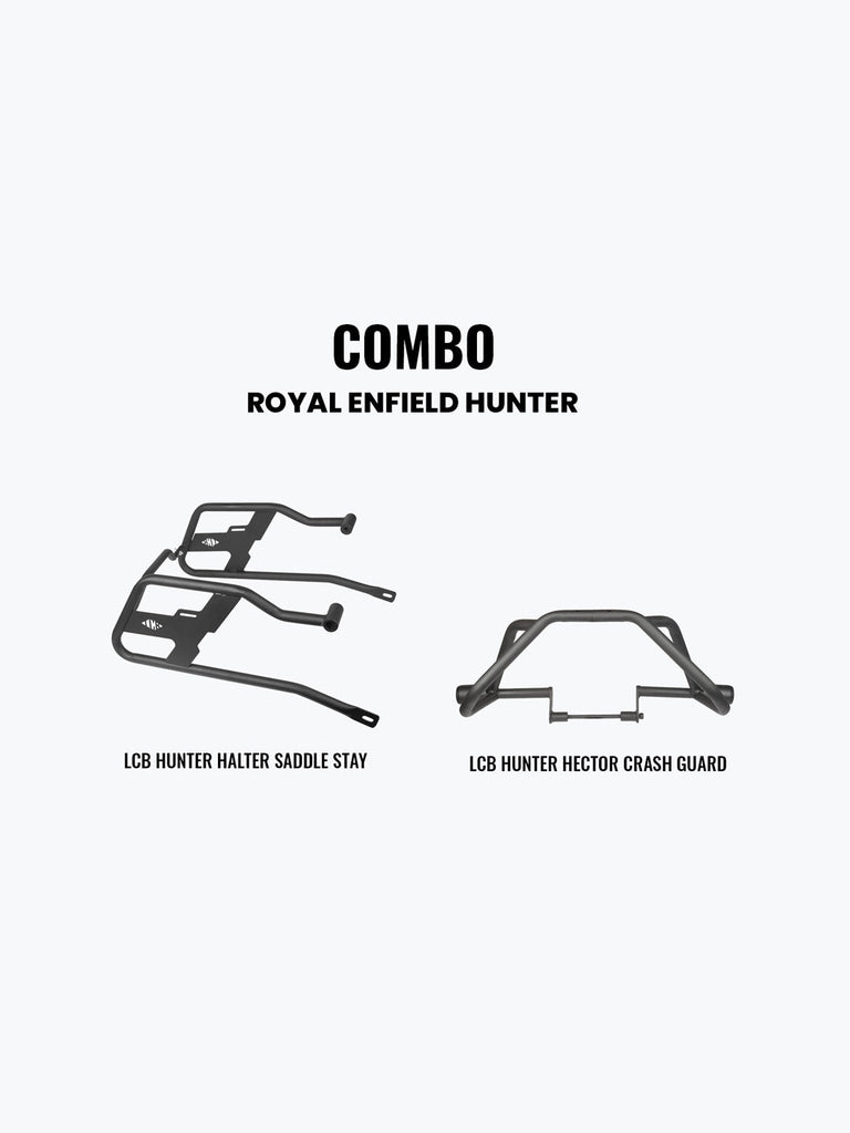 Legundary Custom Hunter 350 crash guard and Halter saddle stay combo black mild steel engine protection luggage support