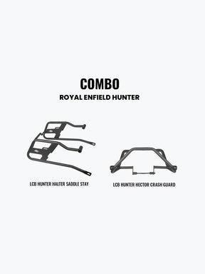 Legundary Custom Hunter 350 crash guard and Halter saddle stay combo black mild steel engine protection luggage support