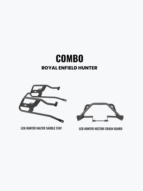 Legundary Custom Hunter 350 crash guard and Halter saddle stay combo black mild steel engine protection luggage support