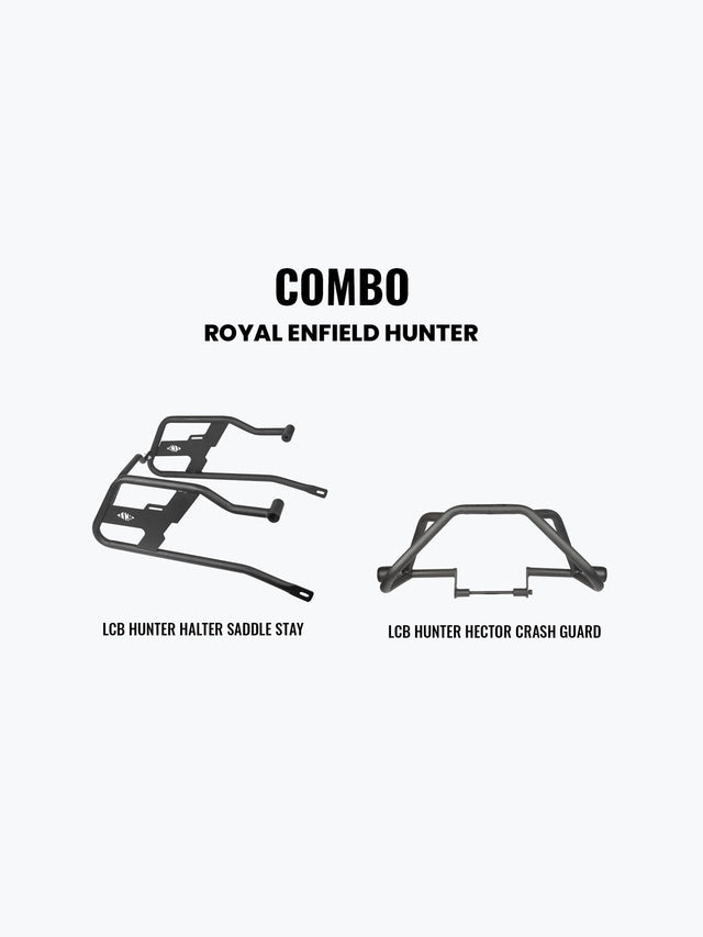 Legundary Custom Hunter 350 crash guard and Halter saddle stay combo black mild steel engine protection luggage support