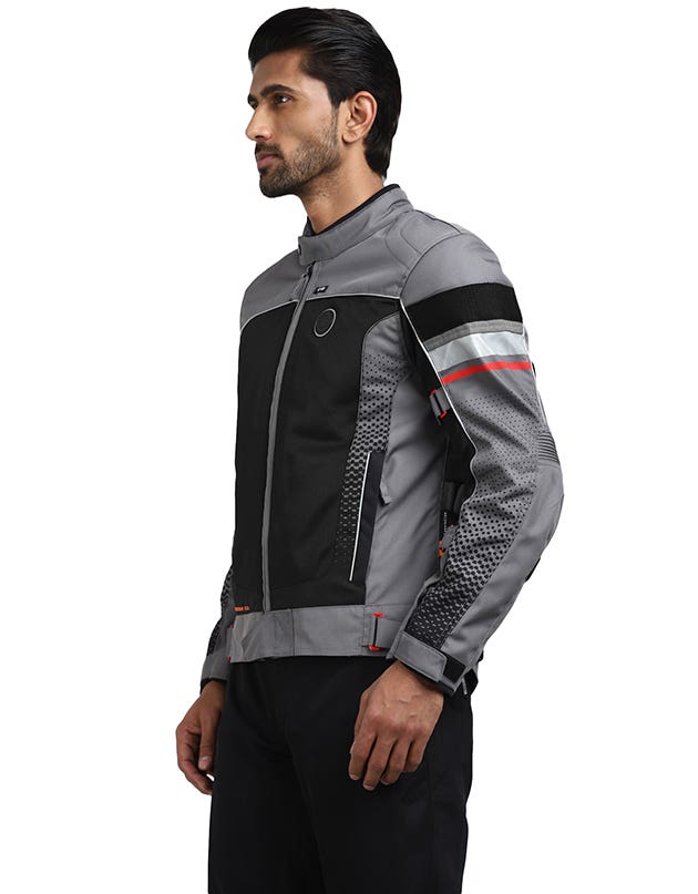 Royal Enfield Explorer V4 Print Class A Riding Jacket in Aurora Green, Red and Grey
