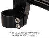 RCB black lifted adjustable clip-on motorcycle handlebar set with CNC aluminium construction and M8 bolt mounting, available in 41mm 01HB016B, 45mm 01HB017B and 47mm 01HB018B sizes.