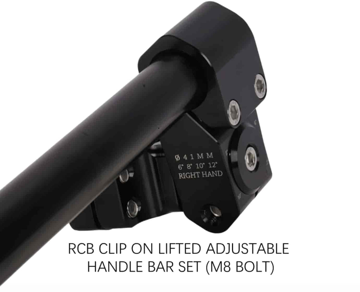 RCB black lifted adjustable clip-on motorcycle handlebar set with CNC aluminium construction and M8 bolt mounting, available in 41mm 01HB016B, 45mm 01HB017B and 47mm 01HB018B sizes.