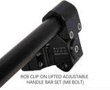 RCB black lifted adjustable clip-on motorcycle handlebar set with CNC aluminium construction and M8 bolt mounting, available in 41mm 01HB016B, 45mm 01HB017B and 47mm 01HB018B sizes.