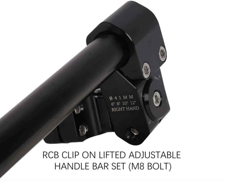 RCB black lifted adjustable clip-on motorcycle handlebar set with CNC aluminium construction and M8 bolt mounting, available in 41mm 01HB016B, 45mm 01HB017B and 47mm 01HB018B sizes.