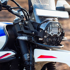 Legundary NYX fog light mount installed on Hero Xpulse 210 with auxiliary lights black finish