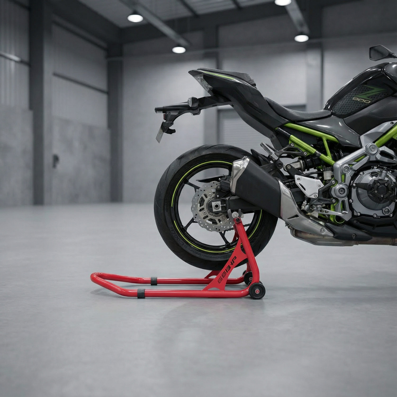 66BHP Universal Rear Motorcycle Paddock Stand 2-in-1 spool type and swing arm maintenance stand in Red, Texture Black, Orange, Green and Black