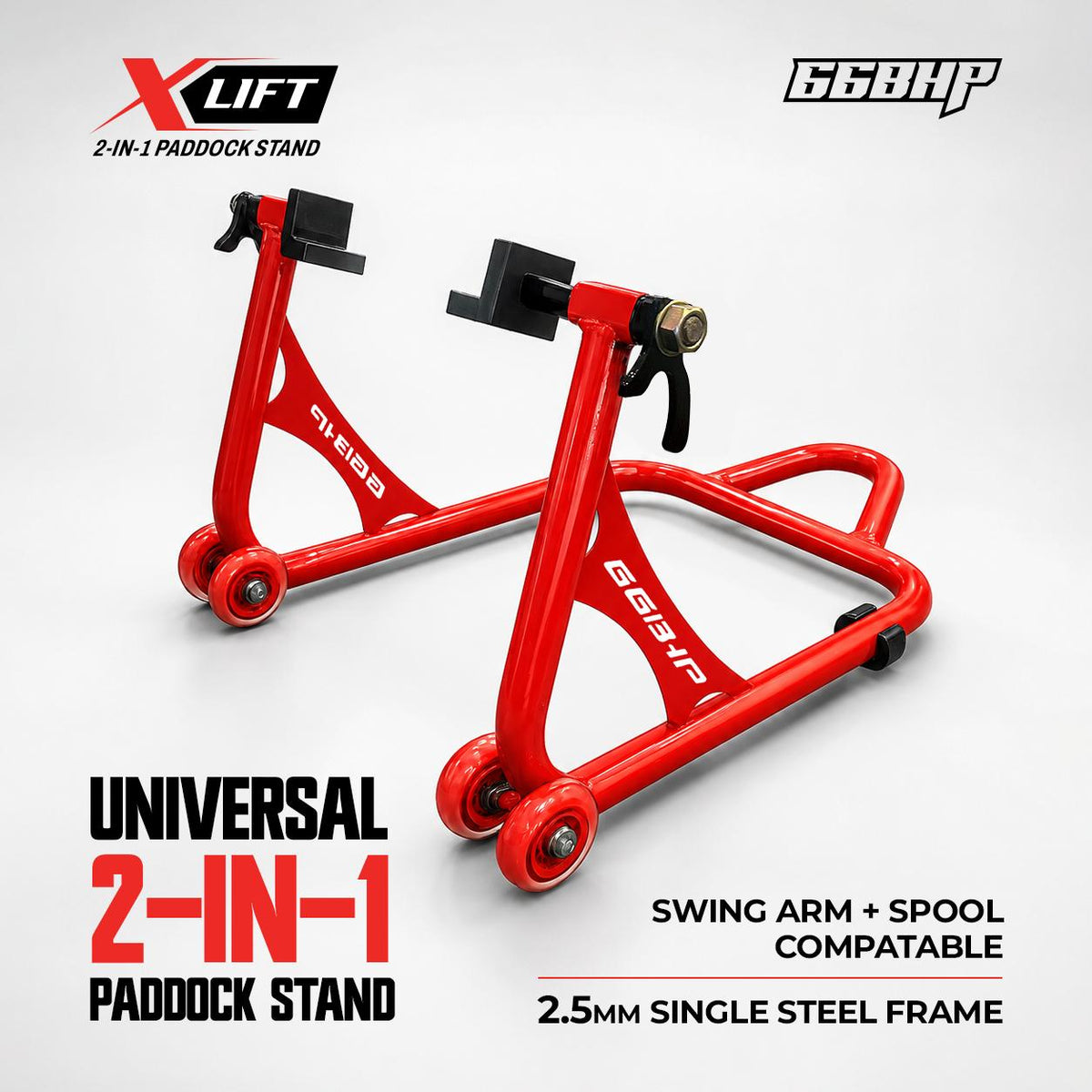66BHP X-Lift 2-in-1 motorcycle rear paddock stand with spool and swingarm adapters for bike maintenance and servicing