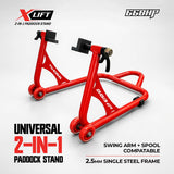 66BHP X-Lift 2-in-1 motorcycle rear paddock stand with spool and swingarm adapters for bike maintenance and servicing