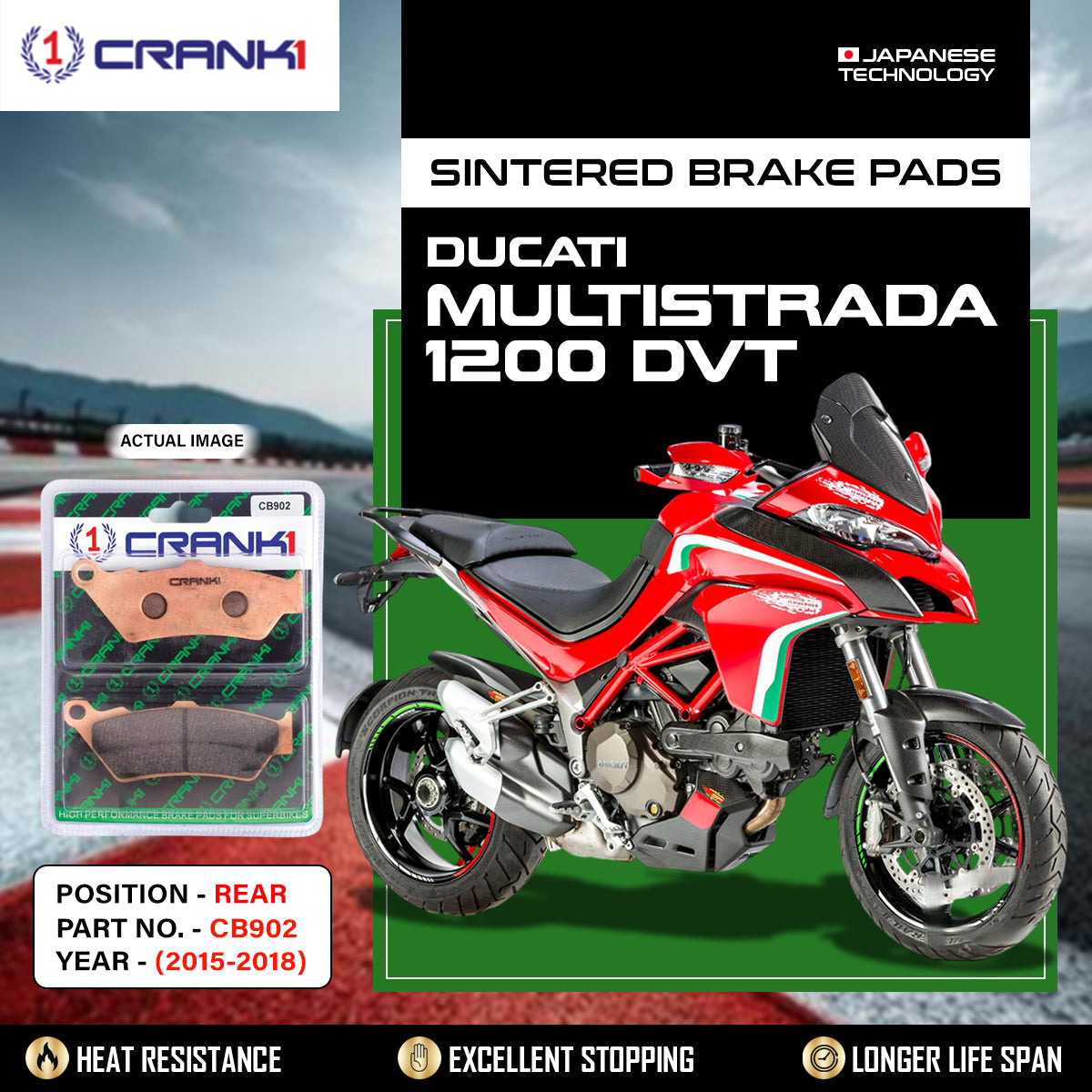 CRANK1 Sintered Brake Pads For Ducati Multistrada 1200 DVT (2015-2018) Rear Brake Pads - CB902 - 1 Set