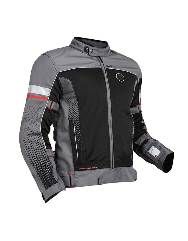 Royal Enfield Explorer V4 Print Class A Riding Jacket in Aurora Green, Red and Grey