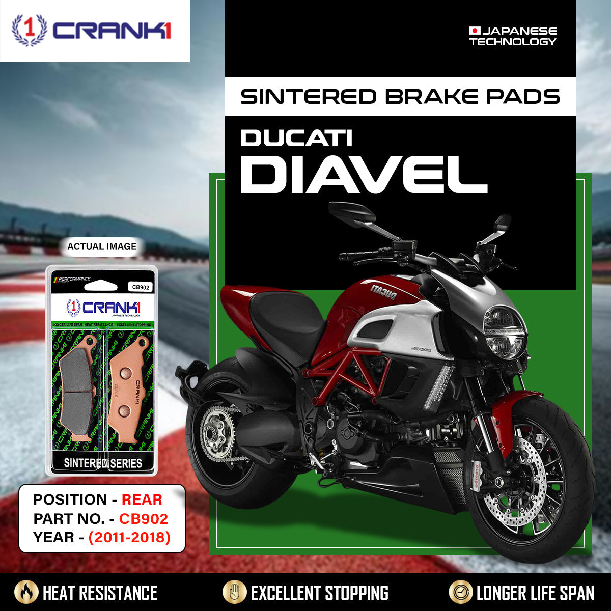 CRANK1 CB902 Sintered Rear Brake Pads for Ducati Diavel (2011-2018) Motorcycle Brake Pads
