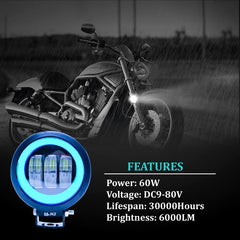 HJG Harley Round Shape fog light 3 Led Blue DRL For bikes and cars.(Light Power: 60W Voltage: DC9-80V)