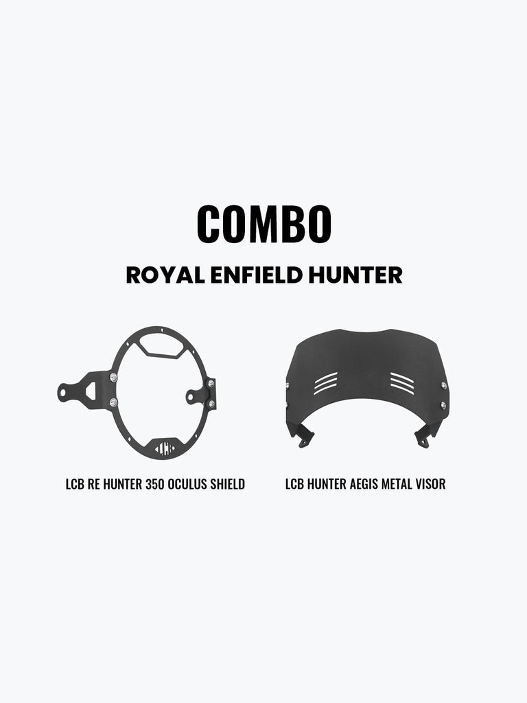 Legundary Custom Hunter 350 headlight shield and Aegis metal visor combo black mild steel polycarbonate front protection