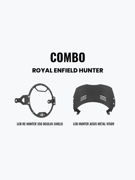 Legundary Custom Hunter 350 headlight shield and Aegis metal visor combo black mild steel polycarbonate front protection