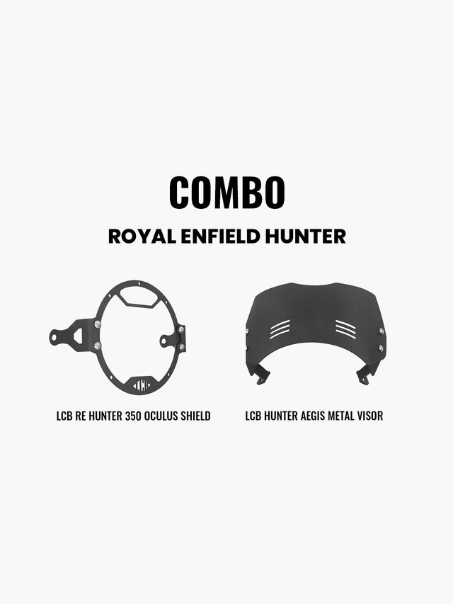 Legundary Custom Hunter 350 headlight shield and Aegis metal visor combo black mild steel polycarbonate front protection