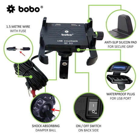BOBO BM5 aluminium motorcycle phone holder with USB 3.0 fast charger bike mobile mount handlebar smartphone holder