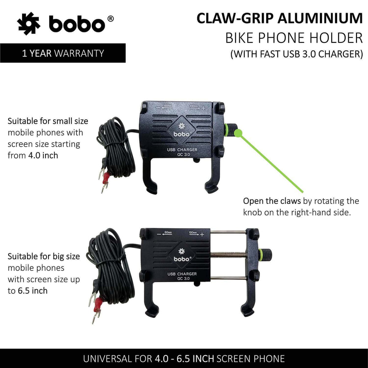 BOBO BM5 aluminium motorcycle phone holder with USB 3.0 fast charger bike mobile mount handlebar smartphone holder
