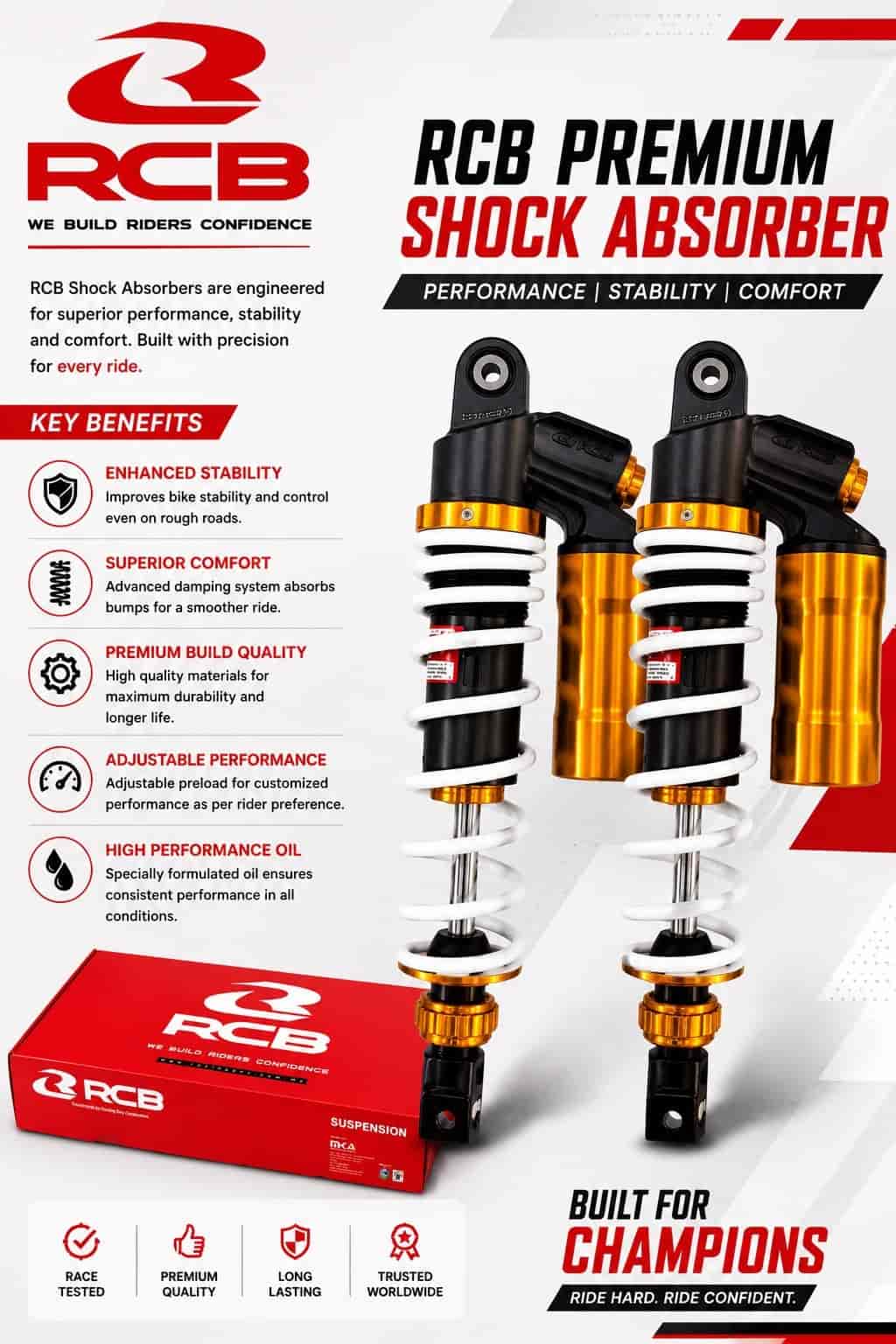 RCB DB-2 305mm white and gold rear shock absorber for Yamaha Aerox 155, 01A0133W