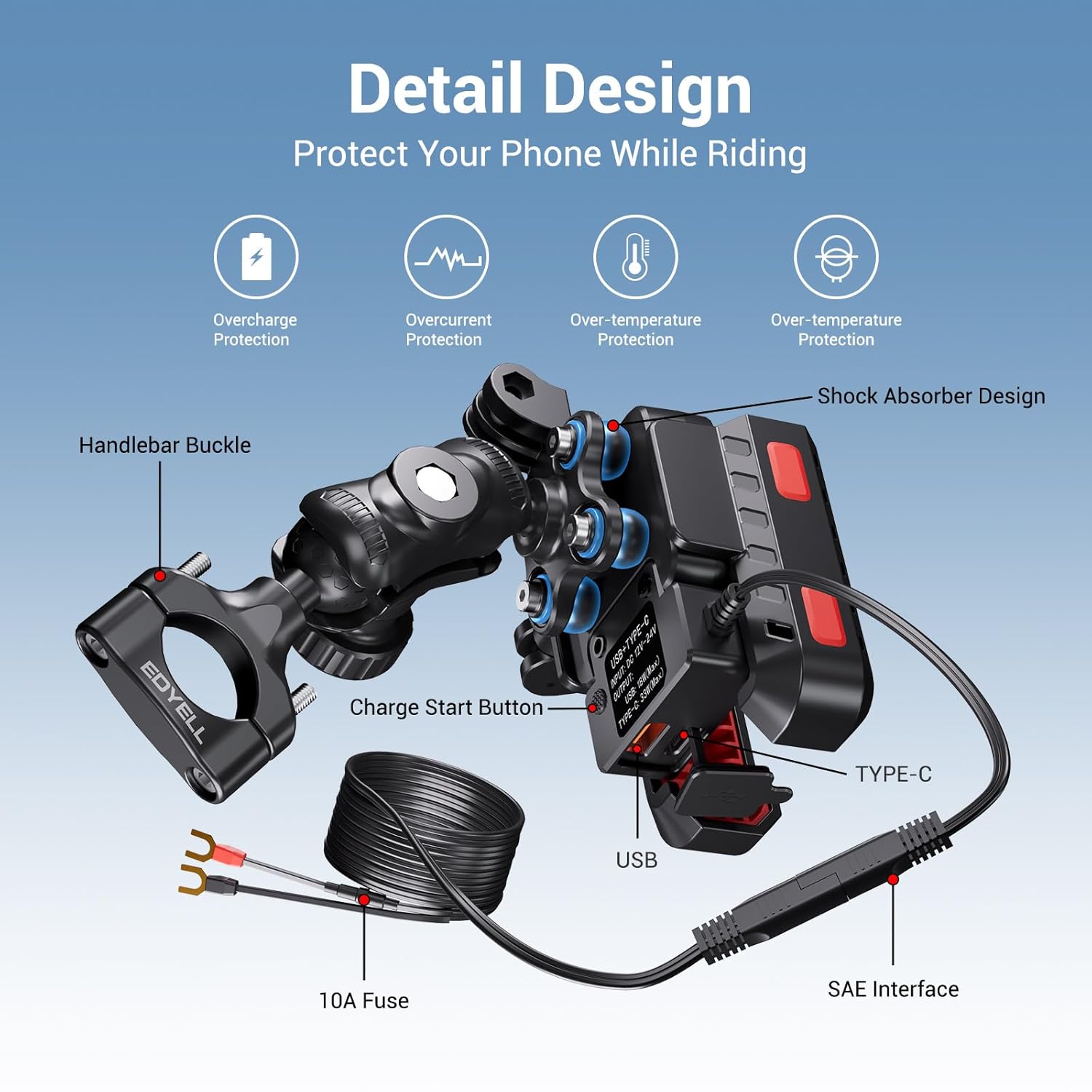 EDYELL YF-303-C Motorcycle Phone Mount Holder with 30W Type-C and 18W USB Fast Charger