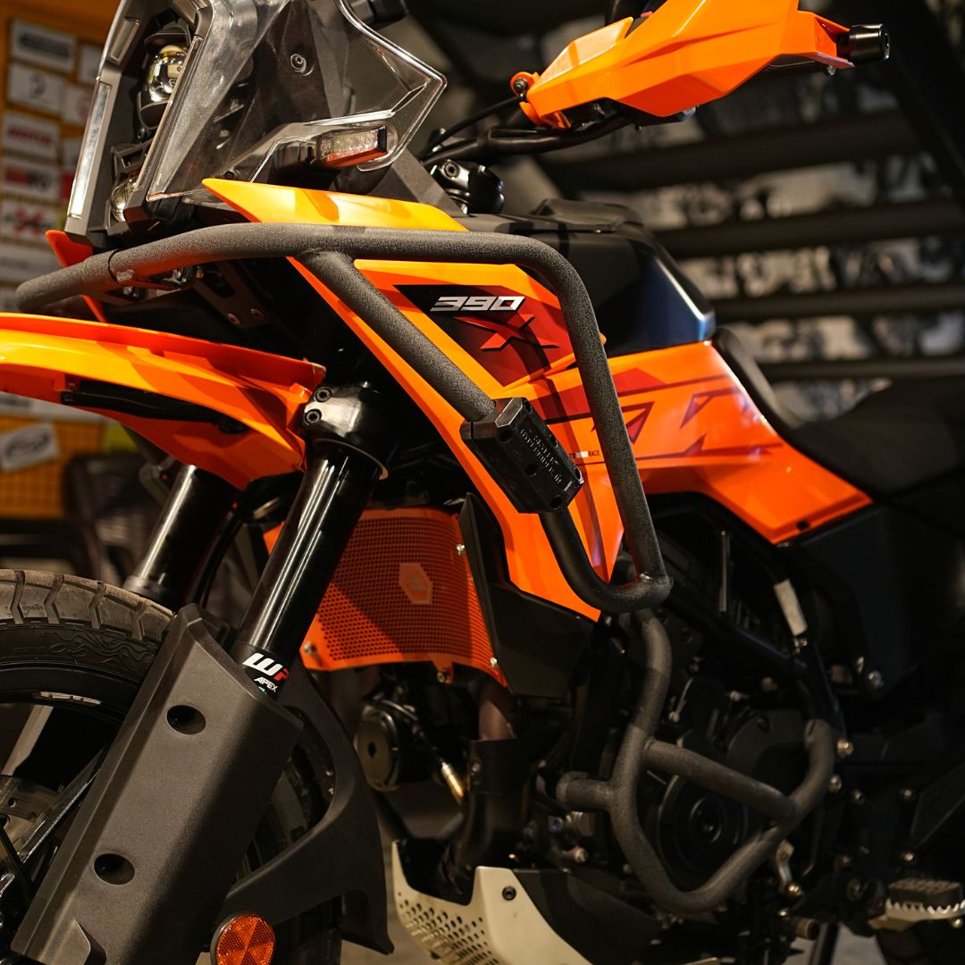 Hyperrider Crash Guard for KTM 250 Adventure X and 390 Adventure X in Black and Orange