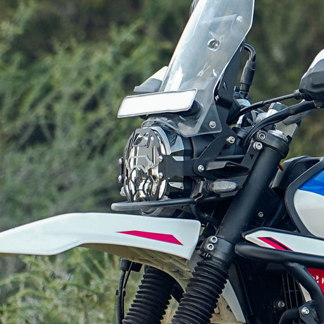 Legundary Cosmic headlight grill black and silver installed on Hero Xpulse 210 protecting headlamp