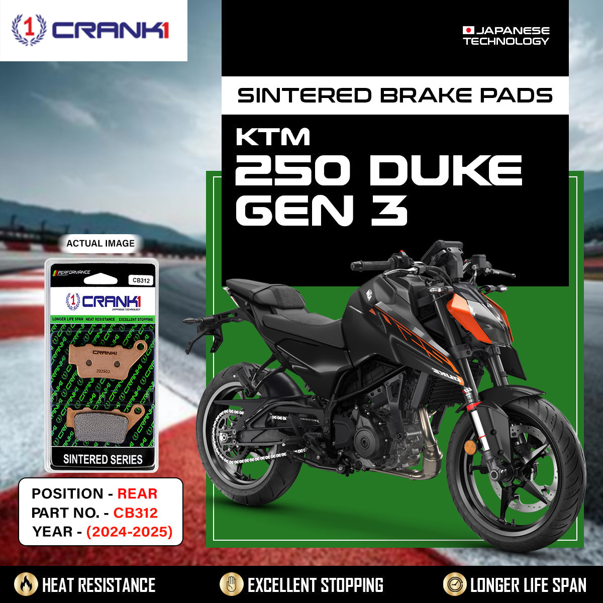 CRANK1 CB312 Sintered Rear Brake Pads for KTM 250 Duke GEN3 2024-2025, KTM 390 Duke, KTM RC 390 and KTM 390 Adventure