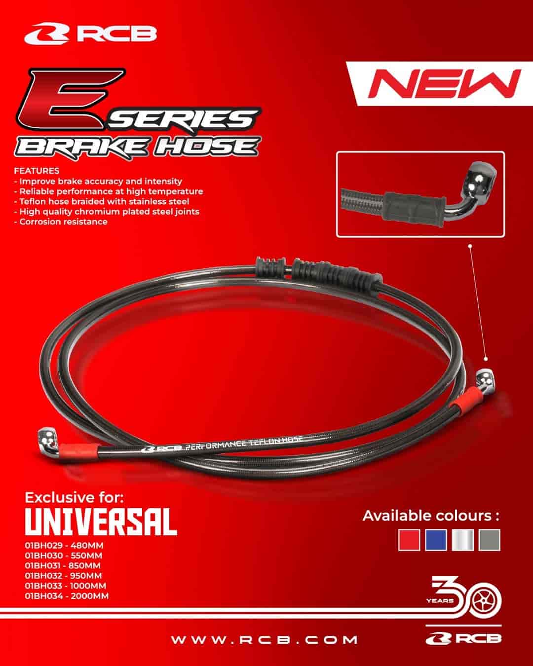 RCB E Series 950mm motorcycle hydraulic brake hose in blue and red, RCB Racing Boy 01BH032 brake line variants