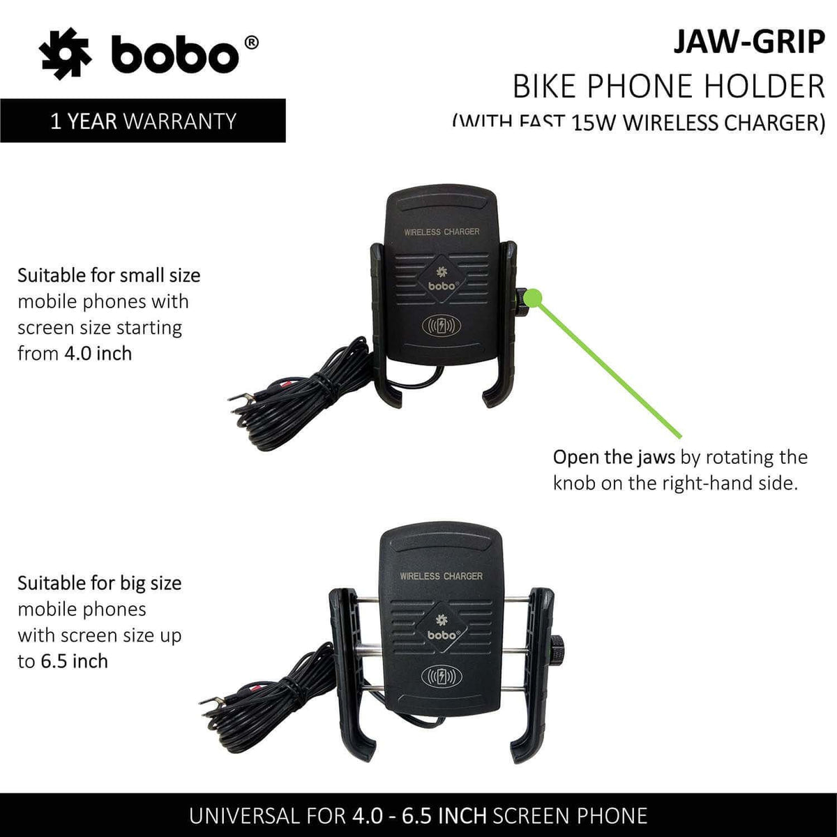 BOBO BM6 motorcycle phone holder with 15W wireless charger jaw grip bike mobile mount handlebar smartphone holder