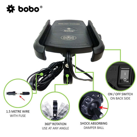 BOBO BM6 motorcycle phone holder with 15W wireless charger jaw grip bike mobile mount handlebar smartphone holder
