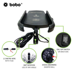 BOBO BM6 motorcycle phone holder with 15W wireless charger jaw grip bike mobile mount handlebar smartphone holder