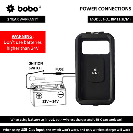 BOBO BM11 waterproof motorcycle phone holder with 15W wireless charger USB C handlebar rearview mirror mount